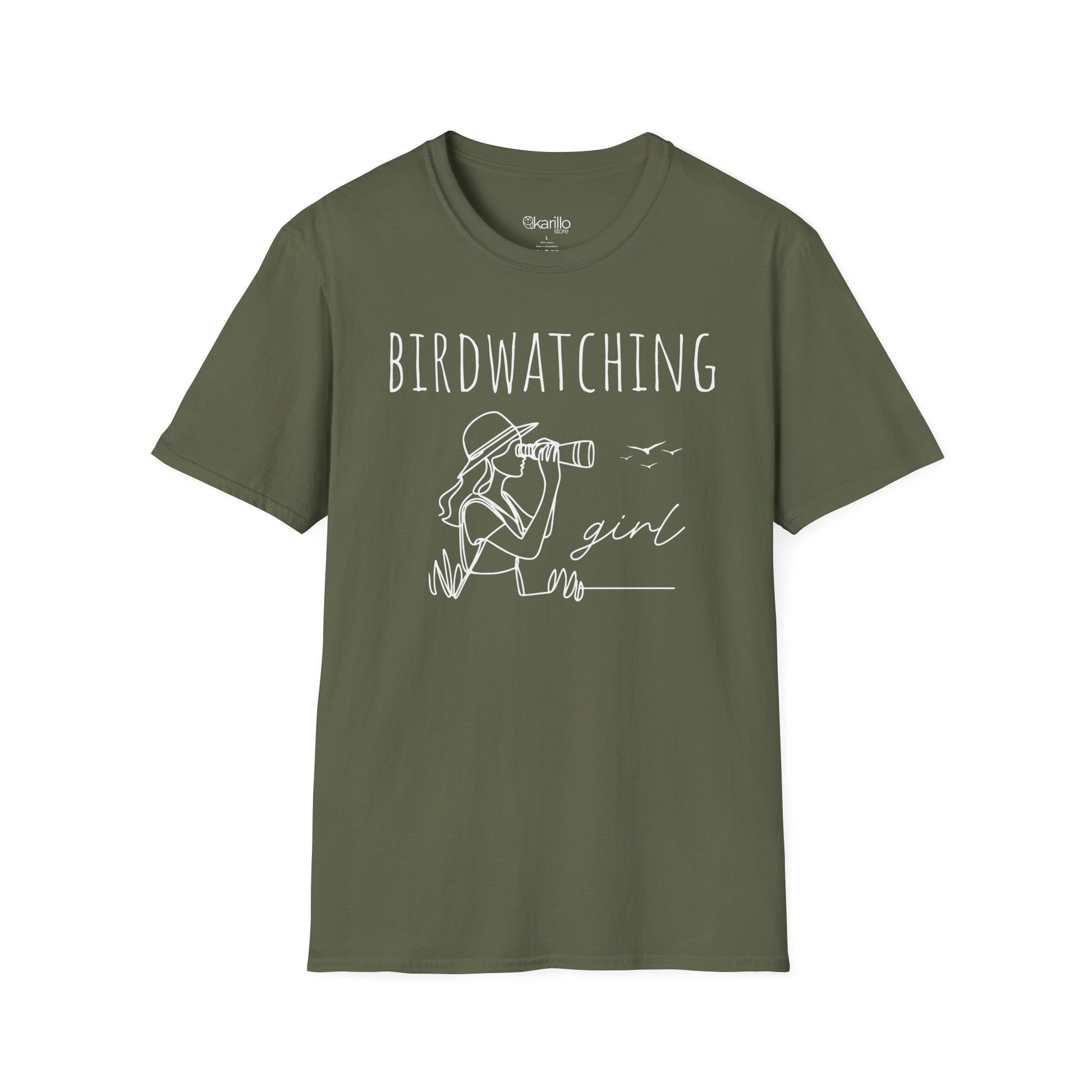 Front view of a "Birdwatching Girl" military green T-shirt with an outlined graphic of a girl spotting a bird using binoculars