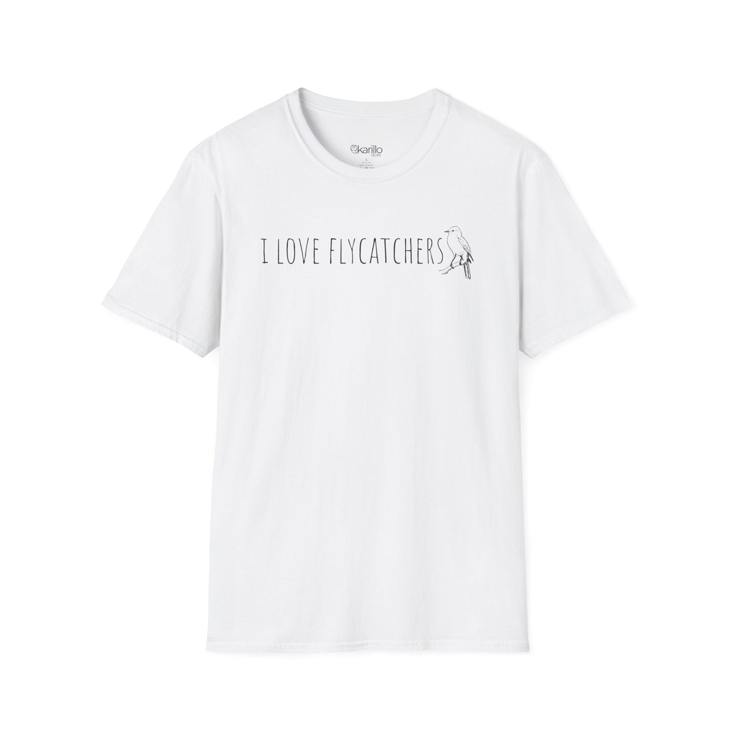 White t-shirt with 'I LOVE FLYCATCHERS' text and graphic on a white background