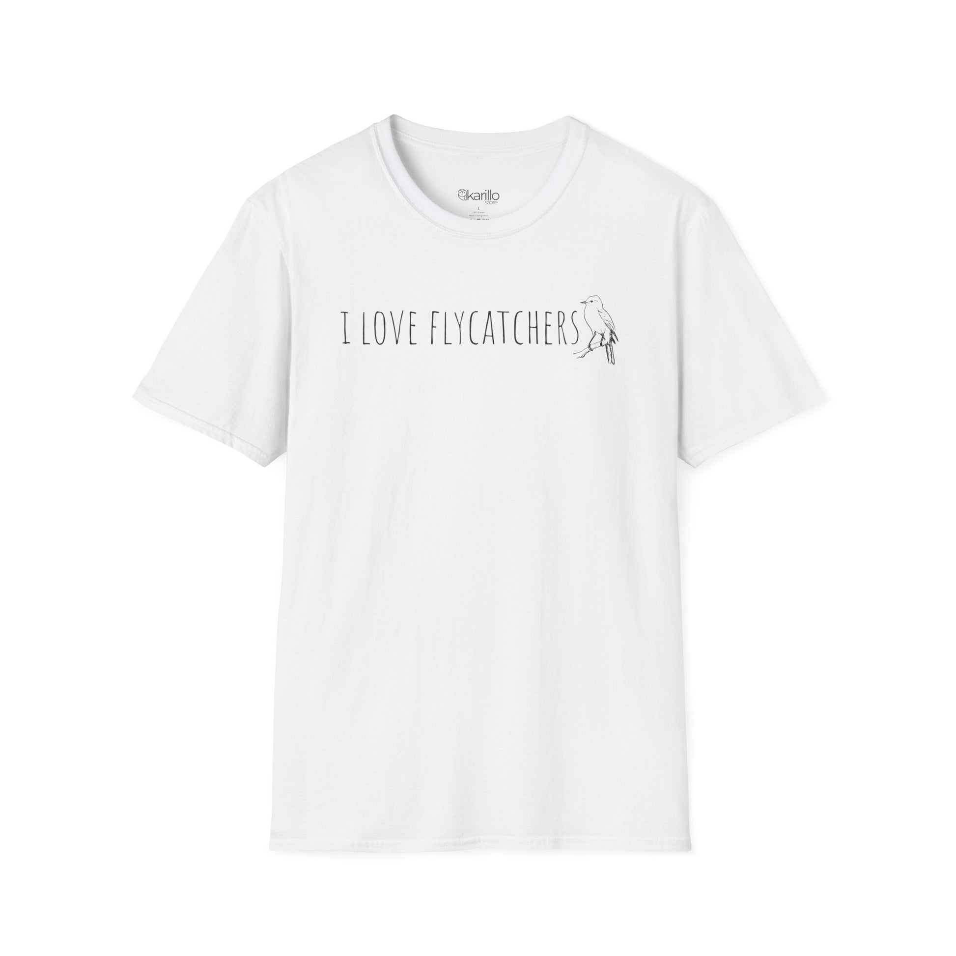 White t-shirt with 'I LOVE FLYCATCHERS' text and graphic on a white background