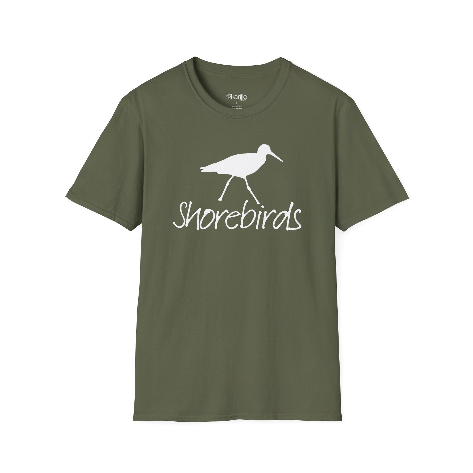 Front view of a unisex "Shorebirds" graphic military green T-shirt featuring an elegant all-white shorebird illustration