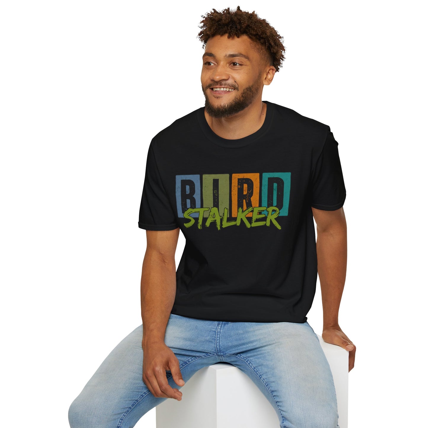 Bird Stalker T-Shirt — Retro Blocks Graphic Tee for Birdwatching Enthusiasts