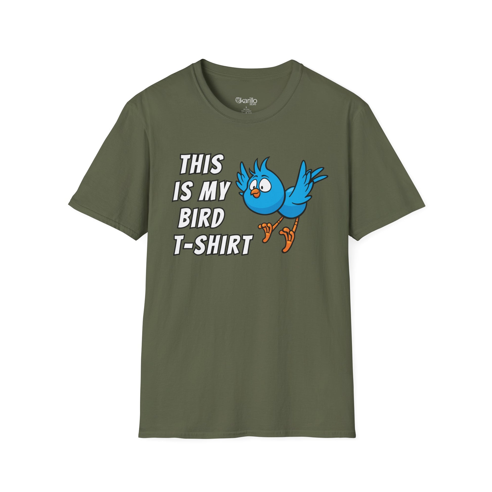 Military green t-shirt with text "this is my bird t-shirt" with blue graphic bird on whithe background.