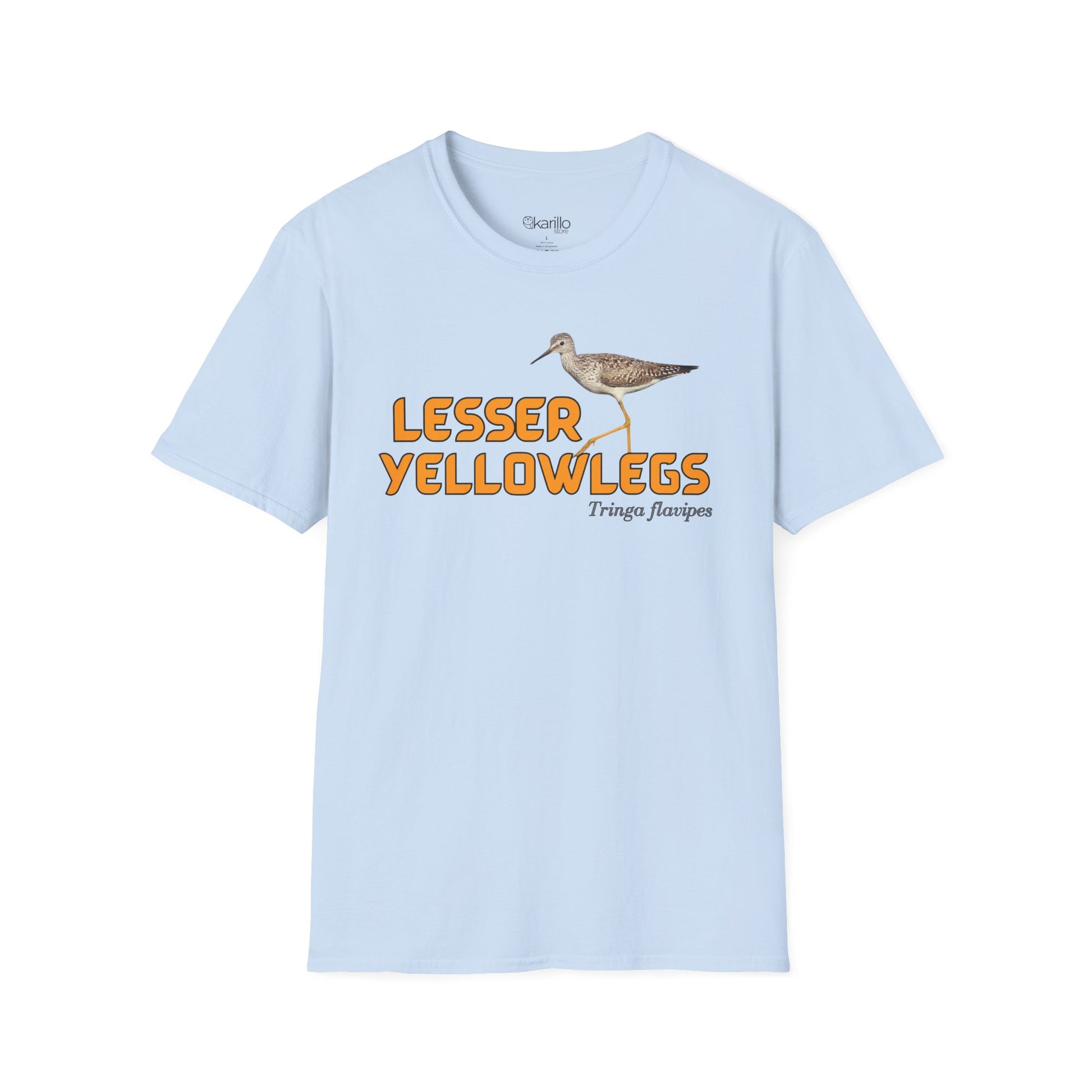 Front view light blue t-shirt with 'lesser yellowlegs' text and bird image on a white background