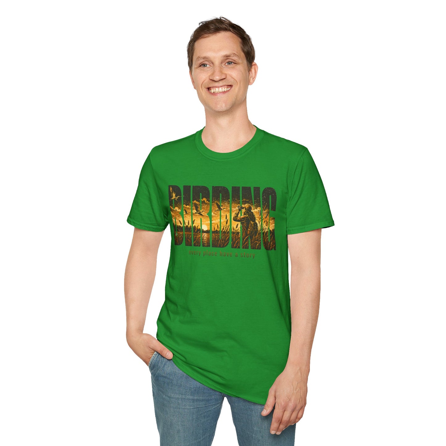 Person wearing green t-shirt with Birding text sunset scenic with white background