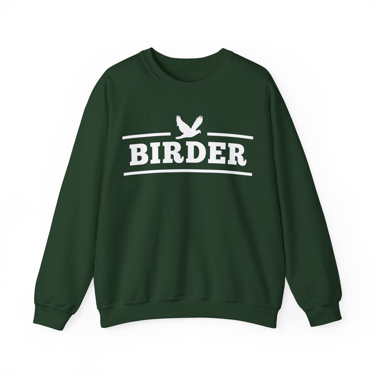 Green sweatshirt with 'BIRDER' text and bird graphic on a white background