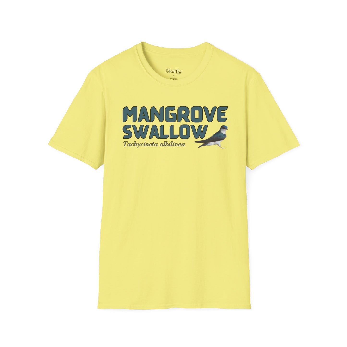 Front view of cornsilk color t-shirt with 'Mangrove Swallow' text and bird graphic on a white background