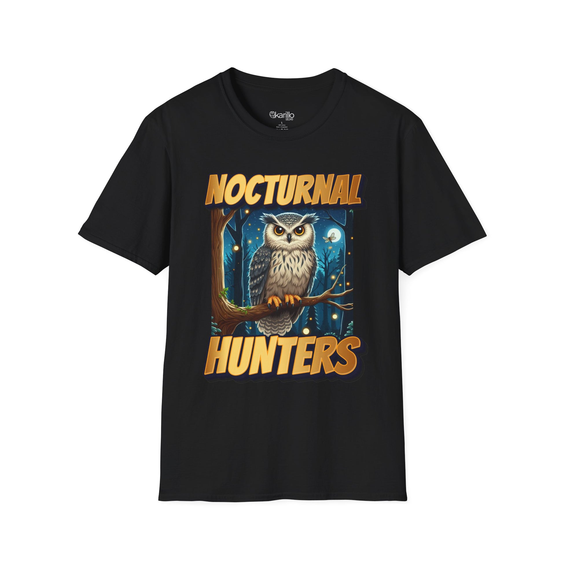Front view of black t-shirt with 'nocturnal hunters' text on a white background
