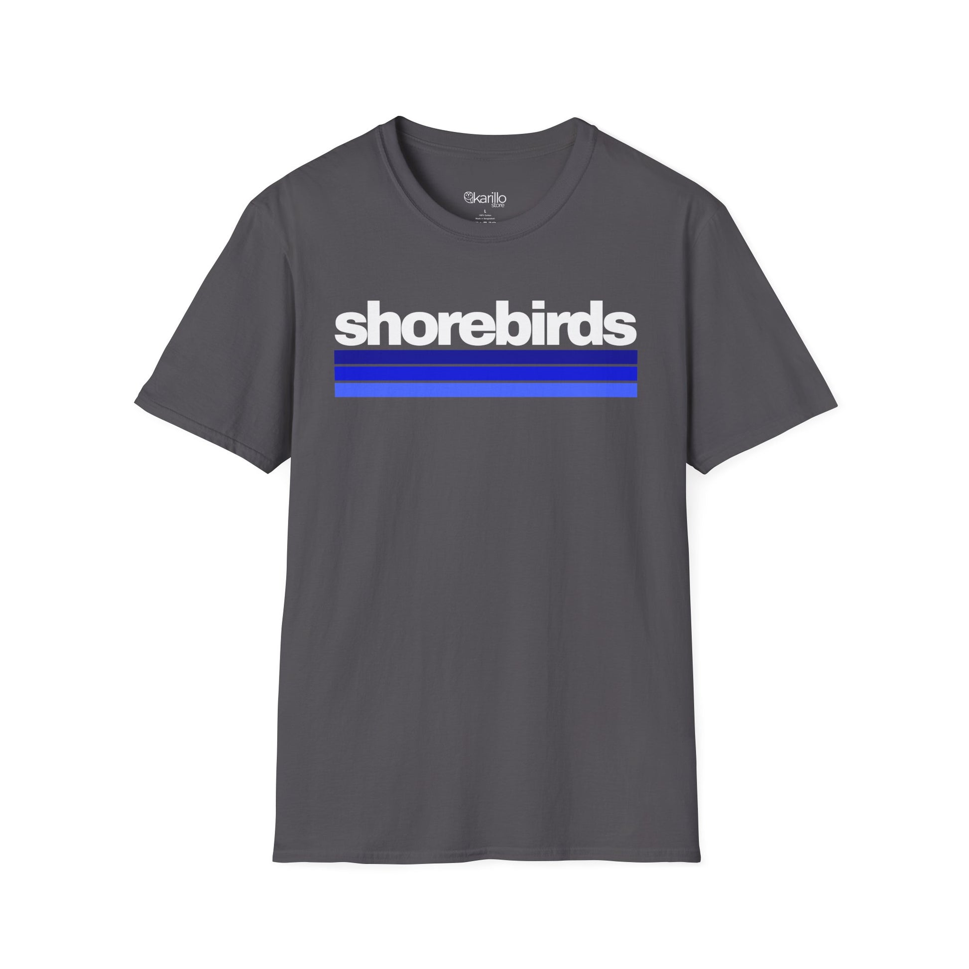 Front view of gray t-shirt with 'shorebirds' text and blue stripes on a white background