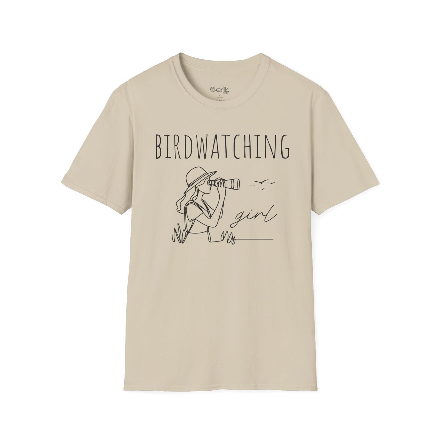 Front view of a "Birdwatching Girl" sand T-shirt with an outlined graphic of a girl spotting a bird using binoculars