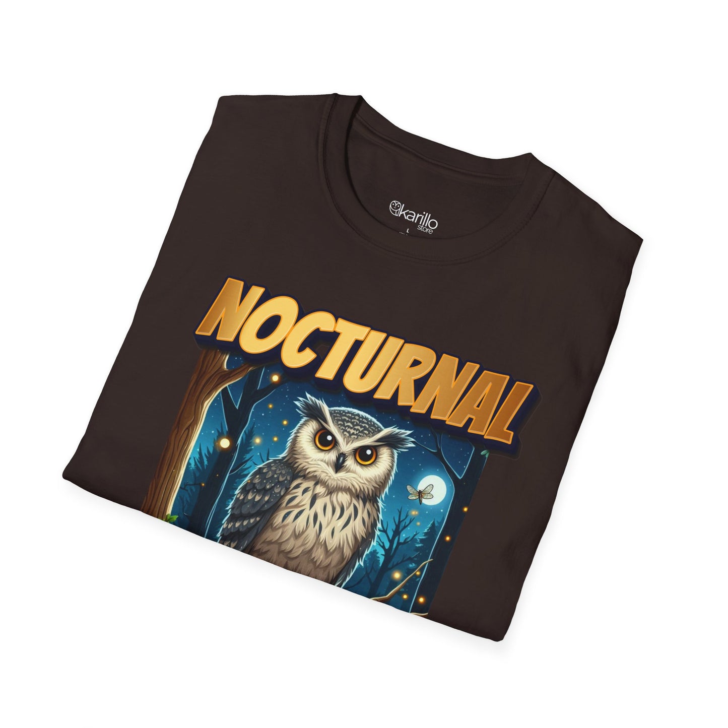 Folded view of brown t-shirt with 'nocturnal hunters' text on a white background
