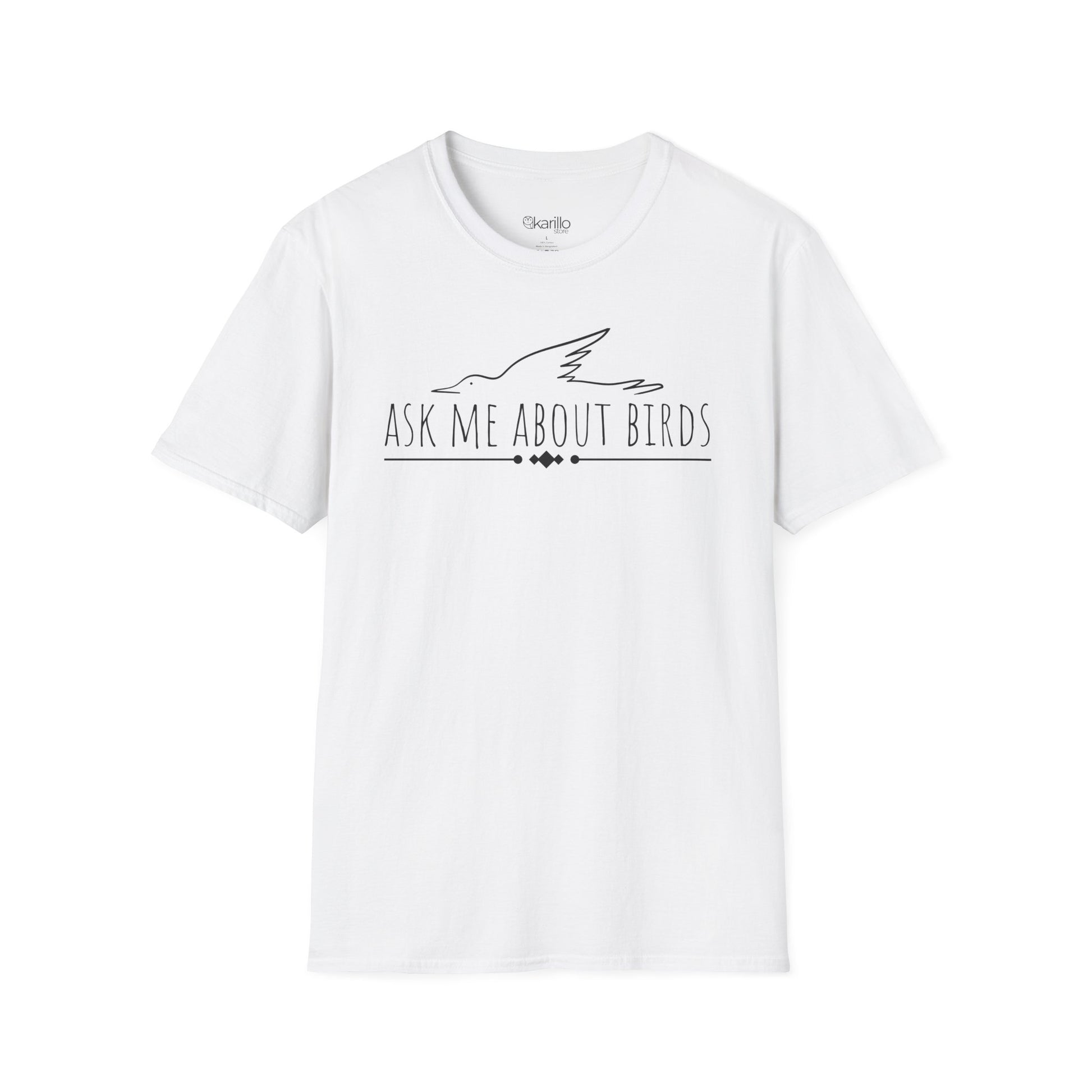 front view white t-shirt with 'Ask Me About Birds' text and bird silhouette on a white background