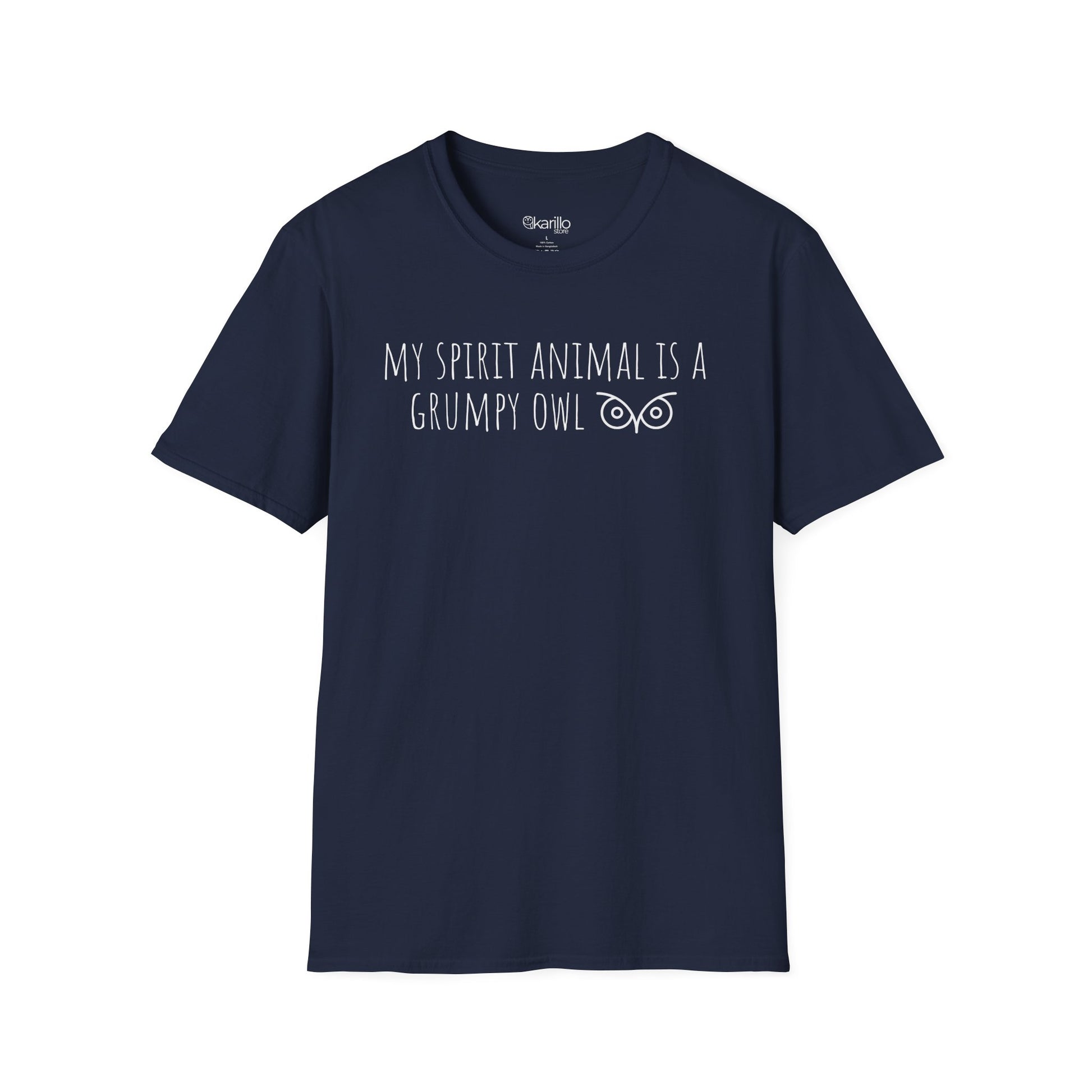 Front view of navy blue t-shirt with text 'My spirit animal is a grumpy owl' on a white background