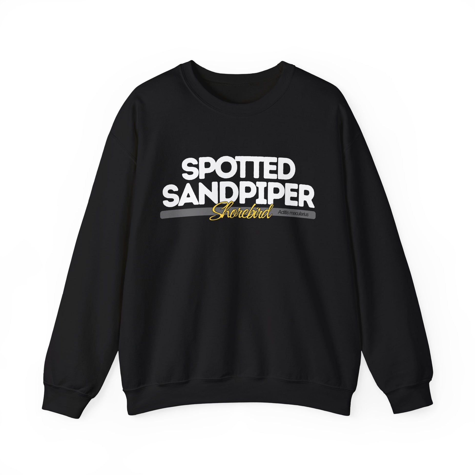 Black sweatshirt with 'Spotted Sandpiper' text on a white background
