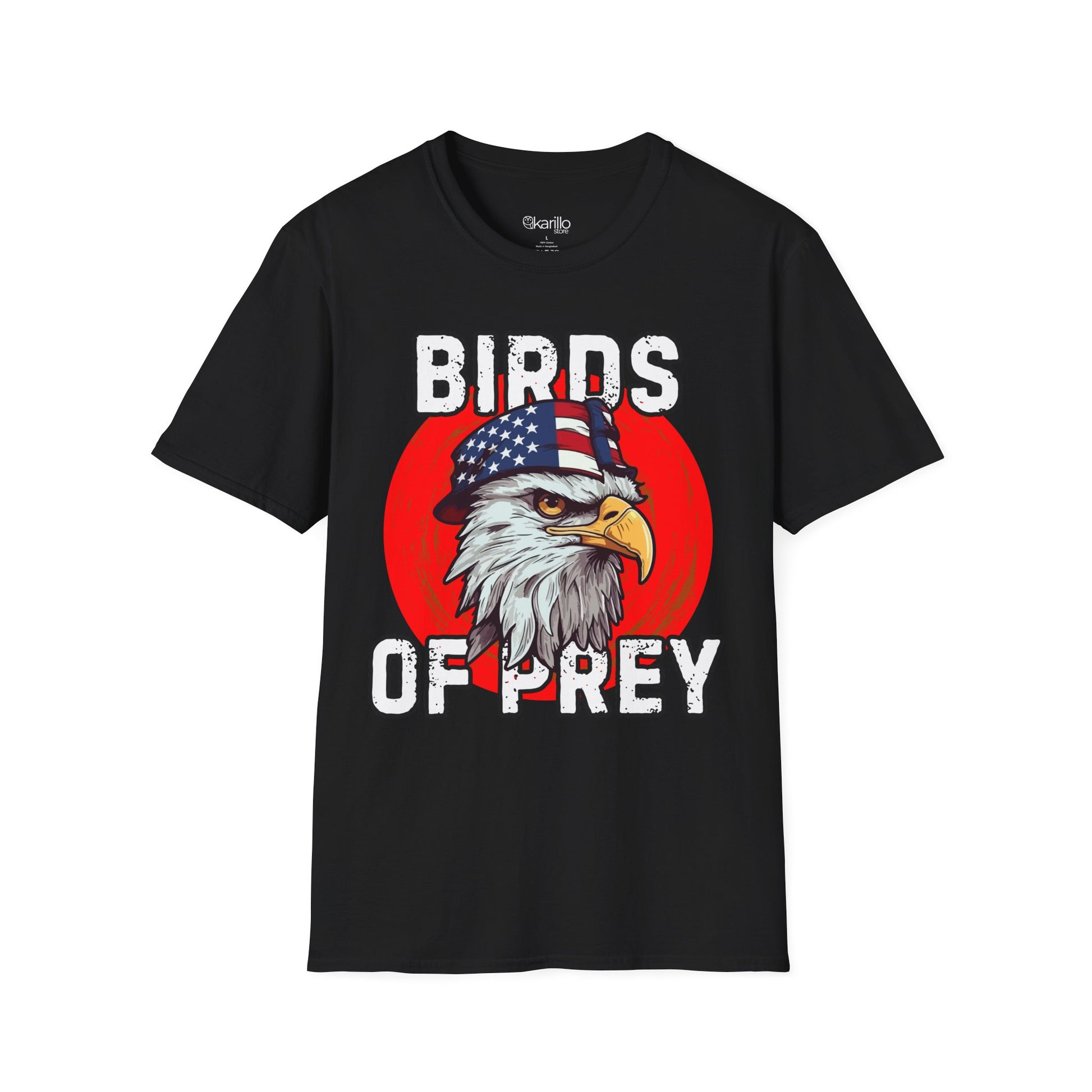 Black t-shirt with an eagle graphic and 'Birds of Prey' text on a white background