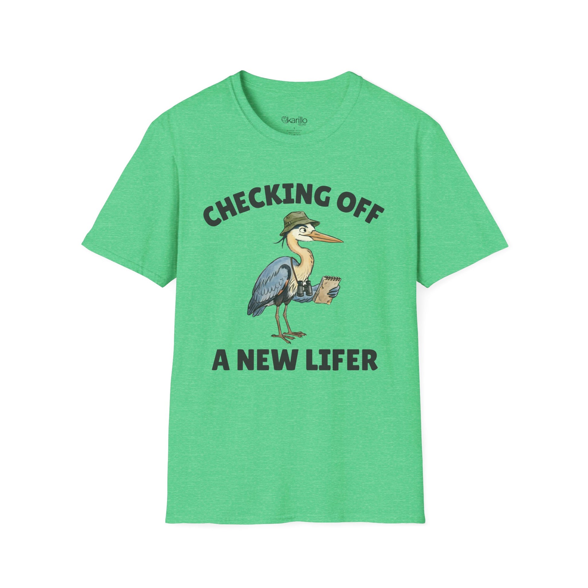 Green short-sleeve t-shirt with a graphic of a heron wearing a green hat and holding checklist and binoculars, with the text 'CHECKING OFF A NEW LIFER' with a white blackground.