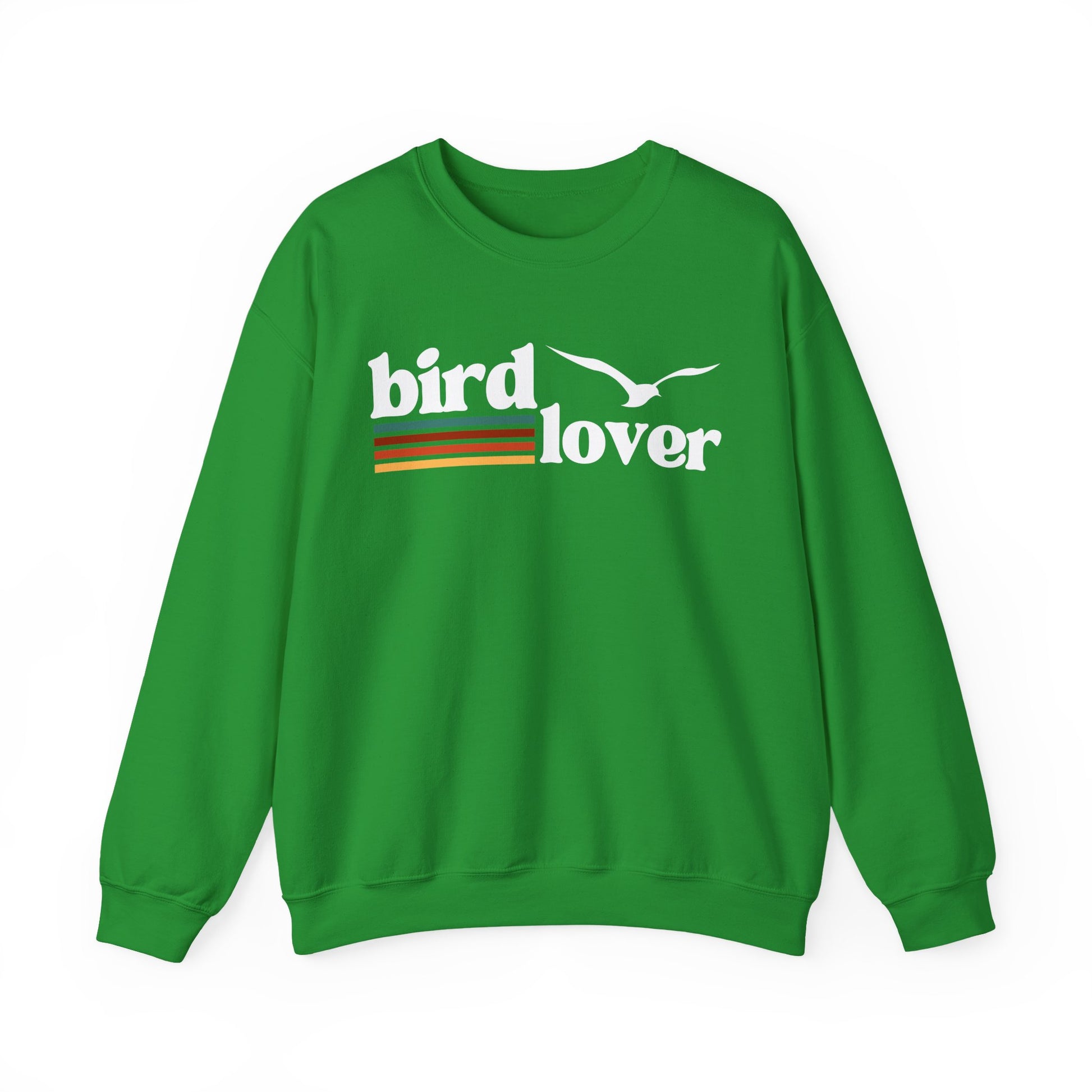 Green sweatshirt with 'bird lover' text and bird graphic, colored lines, on a white background