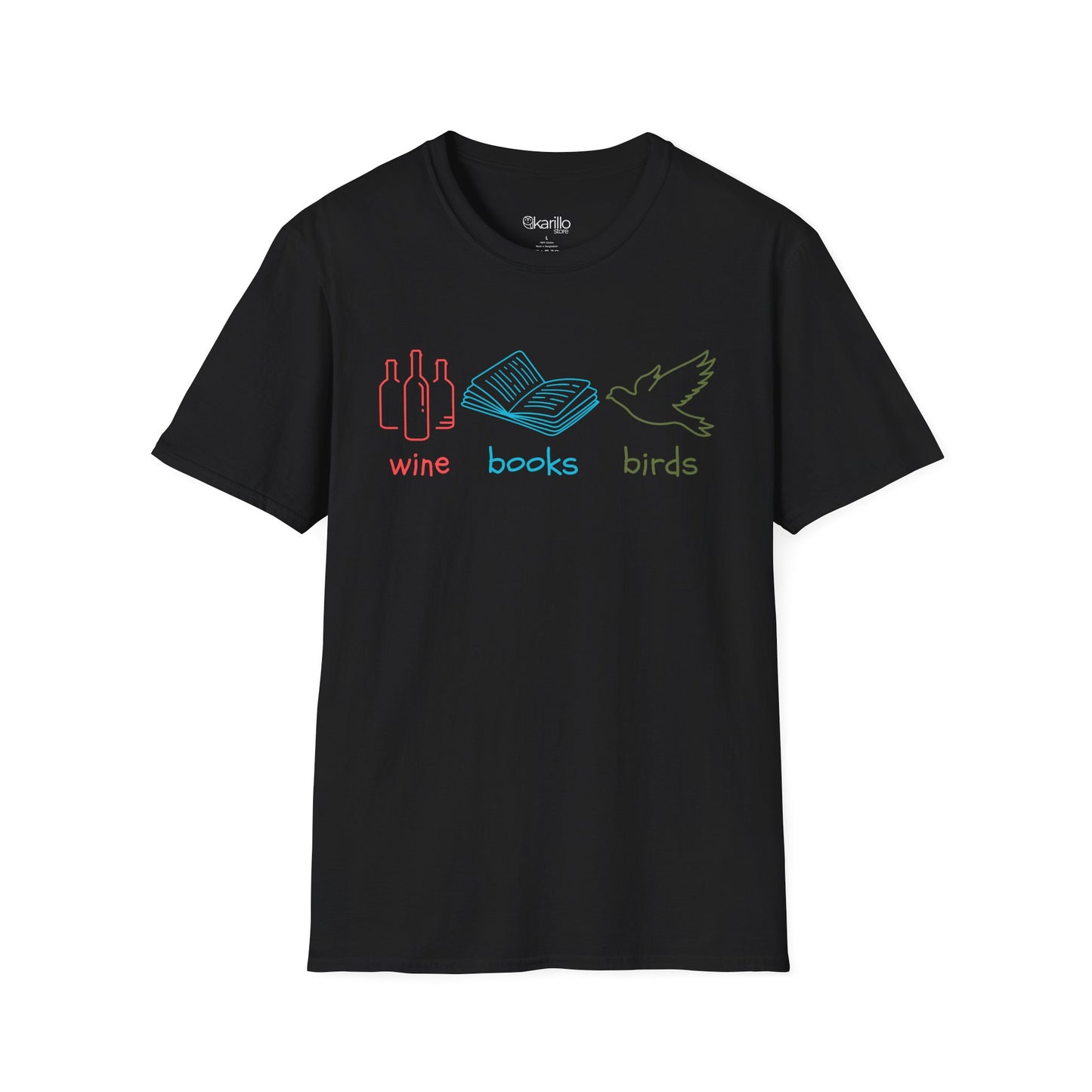 Black t-shirt with colorful graphics and text "wine books birds"on a white background