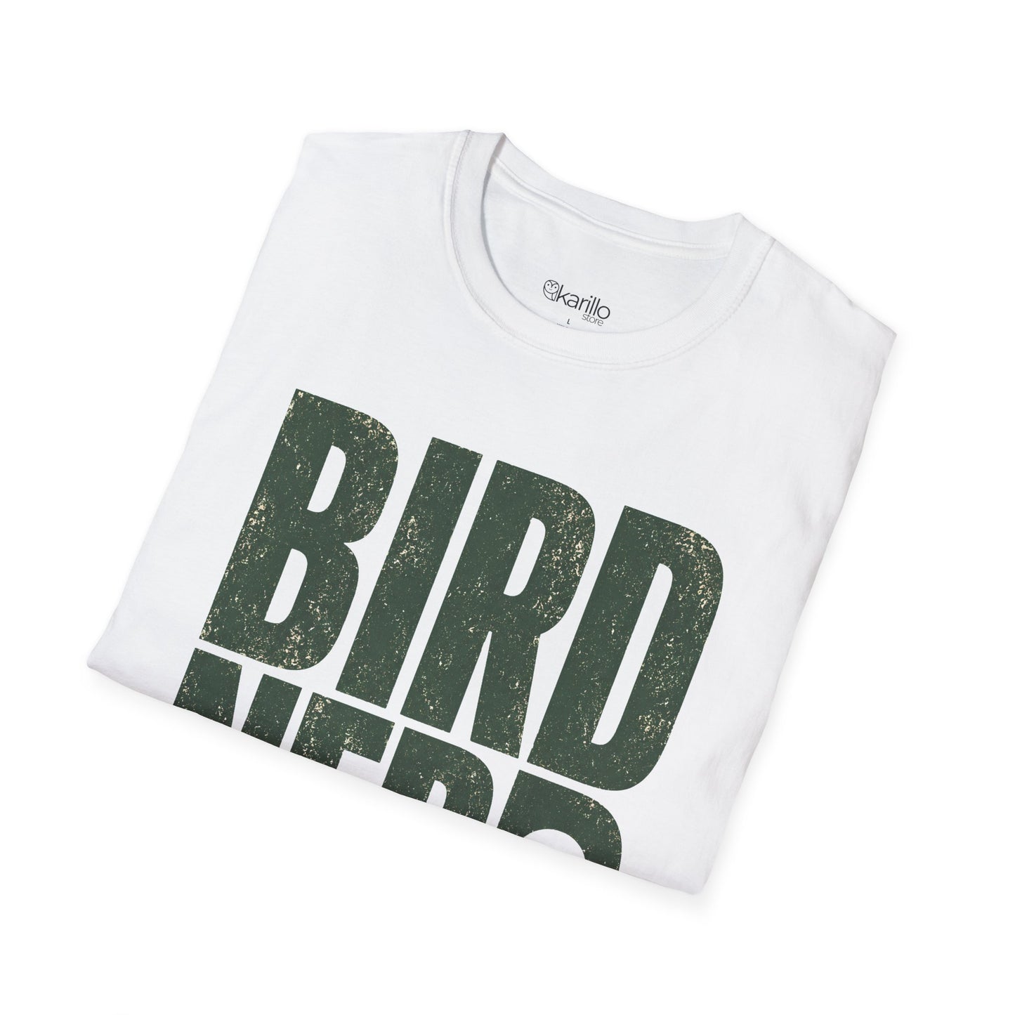 Folded white t-shirt with dark green 'BIRD' text on a white background 