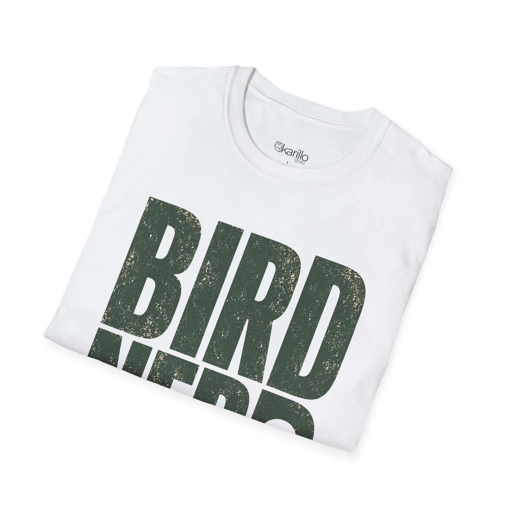 Folded white t-shirt with dark green 'BIRD' text on a white background 