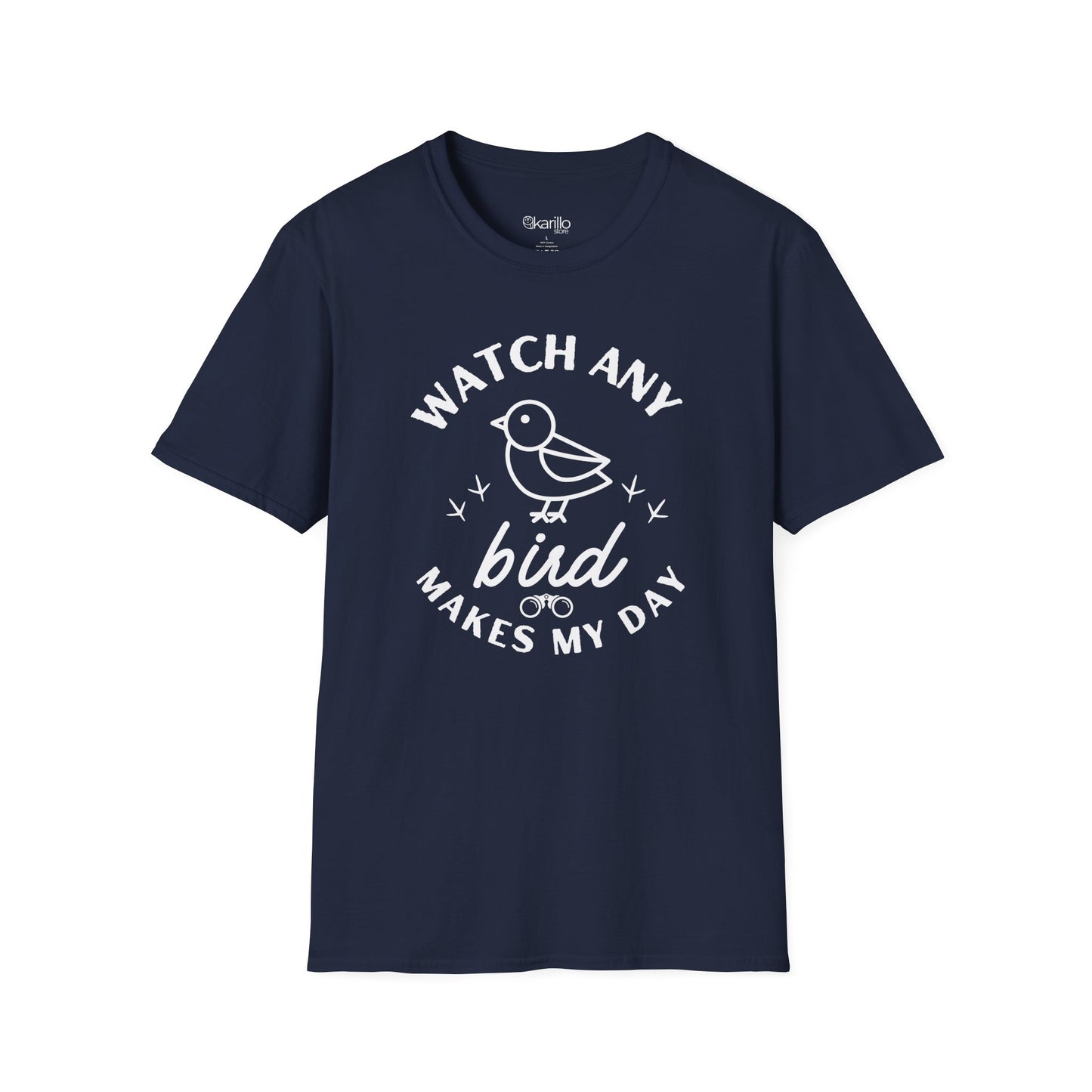 Front view navy blue t-shirt with "watch any bird" text and bird graphic on a white background