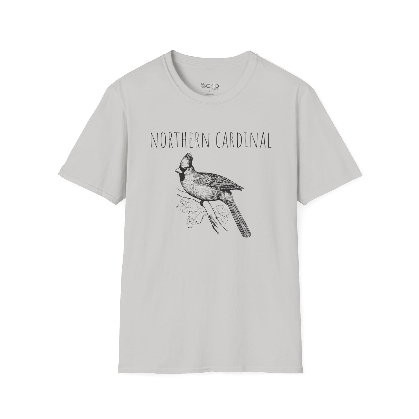 Gray t-shirt with a black and white illustration of a Northern Cardinal on a white background