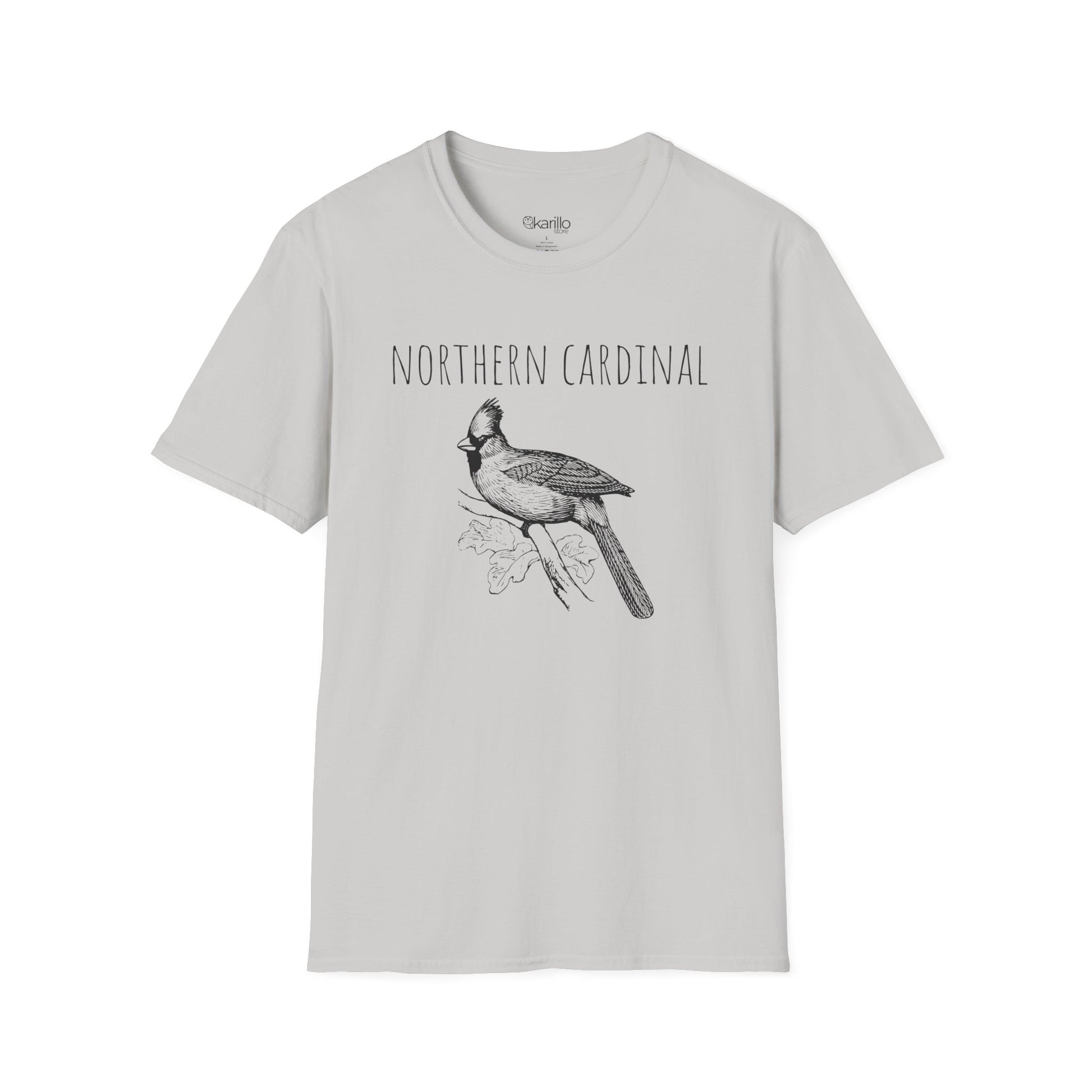 Gray t-shirt with a black and white illustration of a Northern Cardinal on a white background