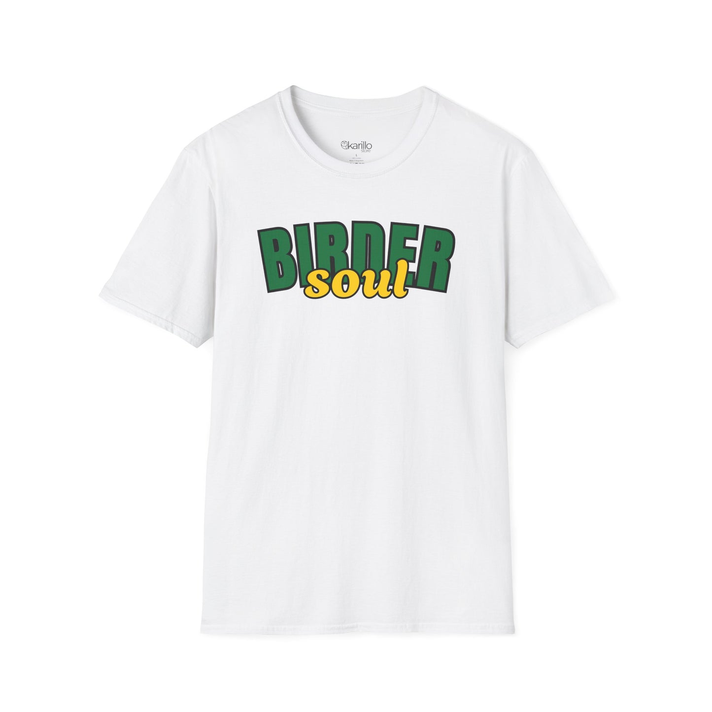 White t-shirt with 'Biberd soul' text on a white background