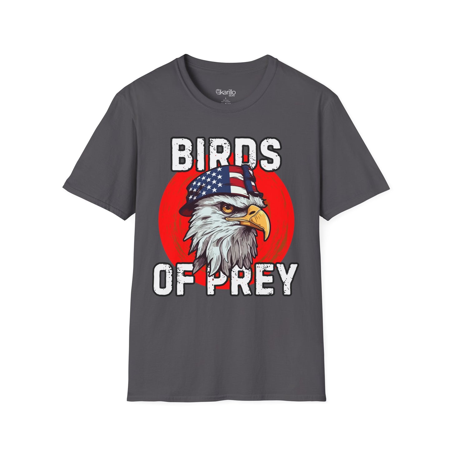 Gray t-shirt with an eagle graphic and 'Birds of Prey' text on a white background
