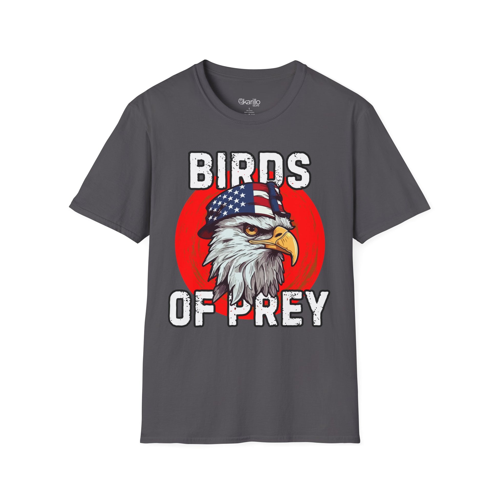 Gray t-shirt with an eagle graphic and 'Birds of Prey' text on a white background
