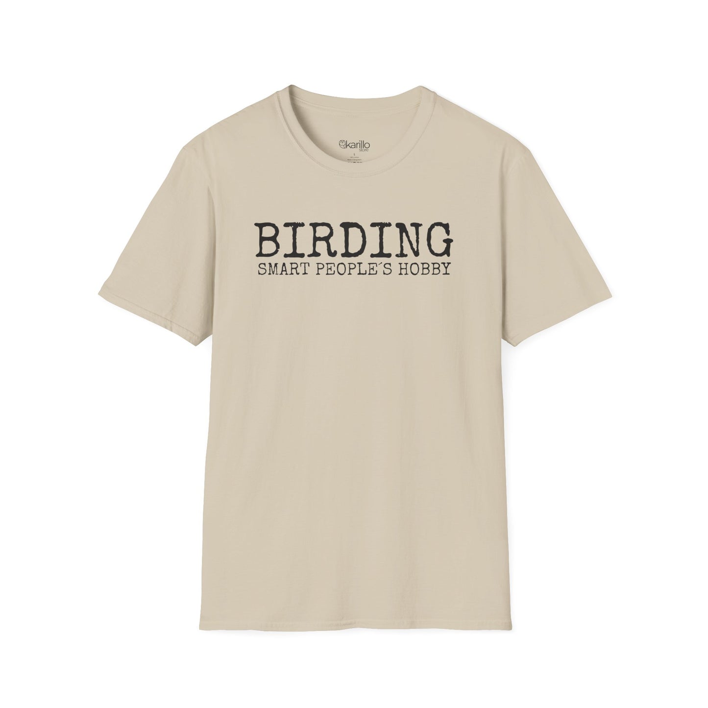 Front view beige t-shirt with 'BIRDING SMART PEOPLE'S HOBBY' text on a white background