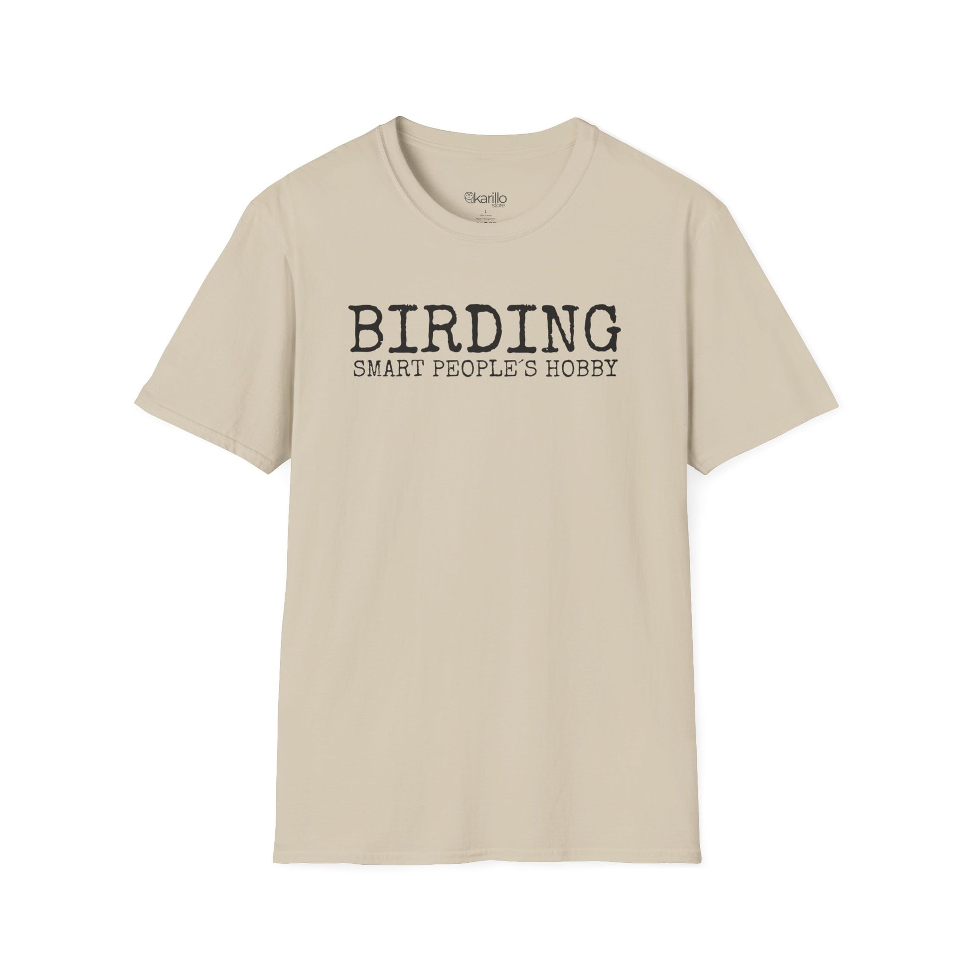 Front view beige t-shirt with 'BIRDING SMART PEOPLE'S HOBBY' text on a white background