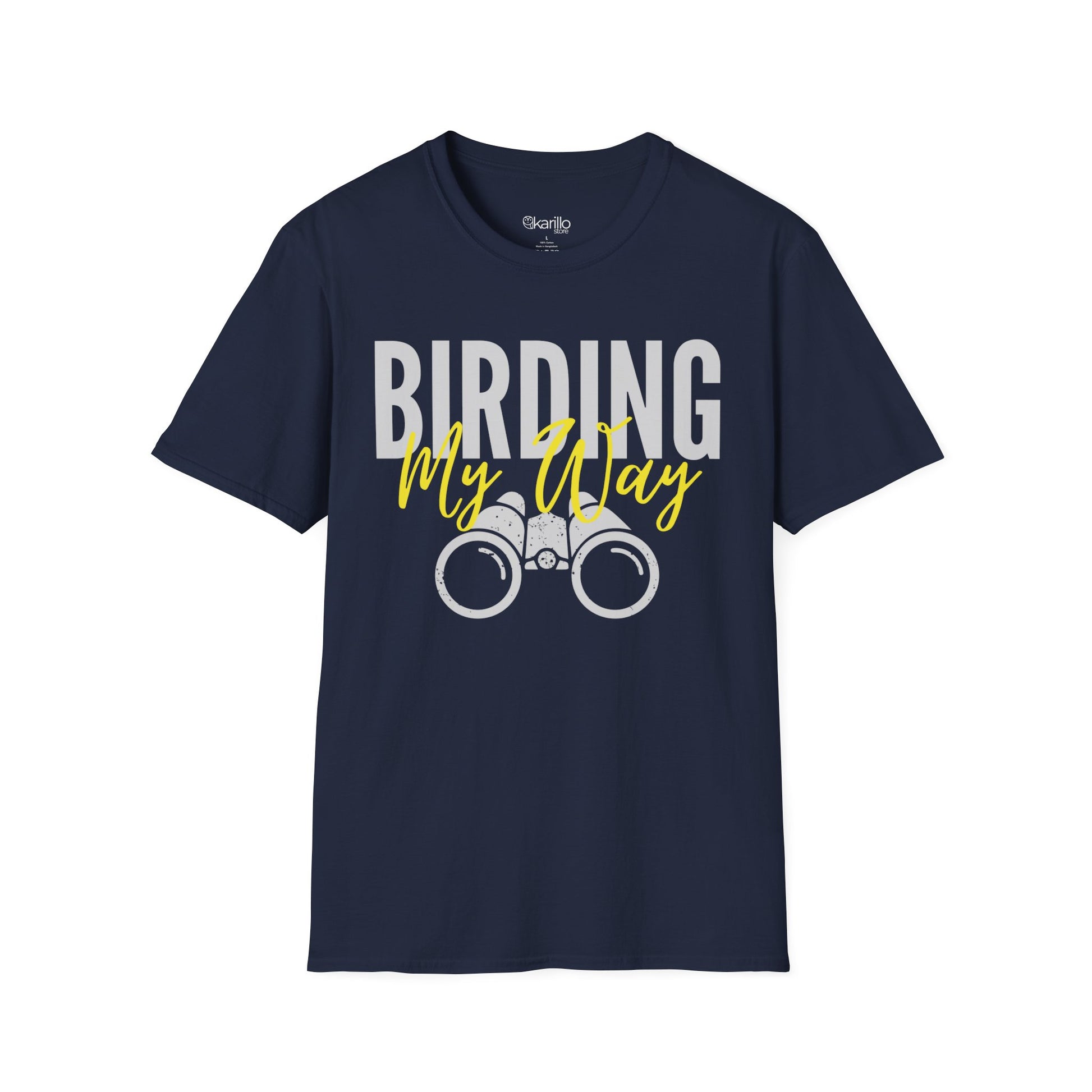 Navy Blue unisex t-shirt featuring 'Birding My Way' text with a vintage binoculars graphic — perfect gift for birdwatching enthusiasts