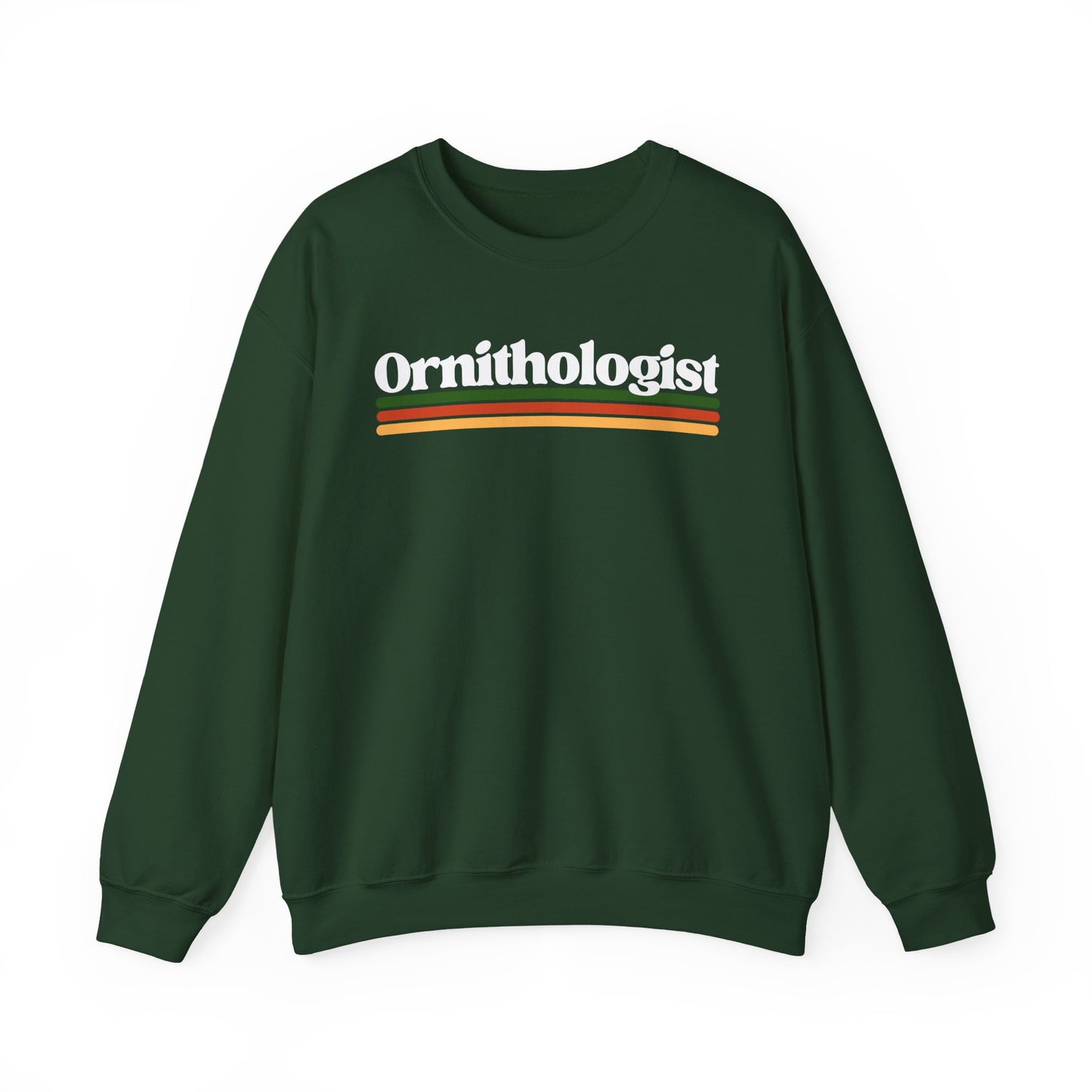 Forest Green sweatshirt with 'Ornithologist' text on a white background