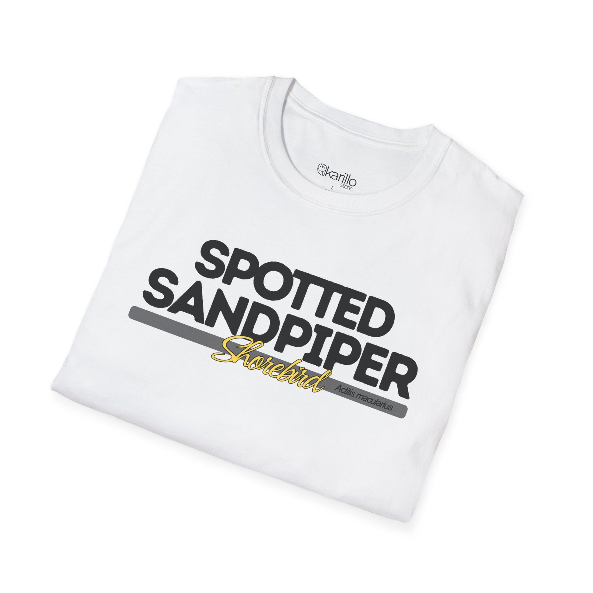 Folded view of white t-shirt with 'Spotted Sandpiper' text on a white background