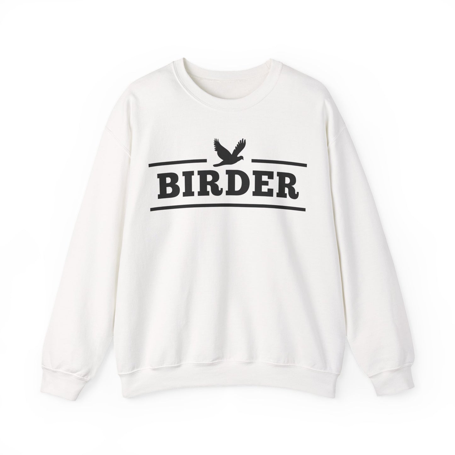 White sweatshirt with 'BIRDER' text and bird graphic on a white background