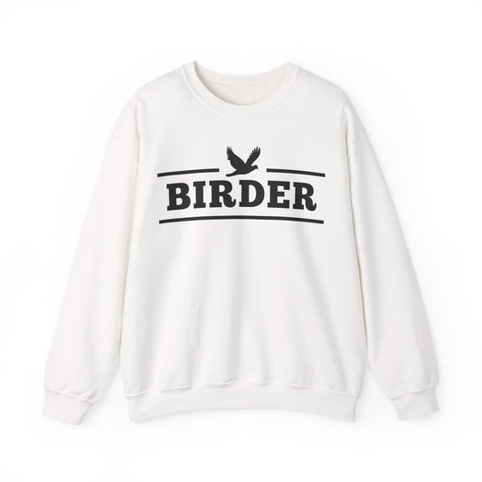 White sweatshirt with 'BIRDER' text and bird graphic on a white background