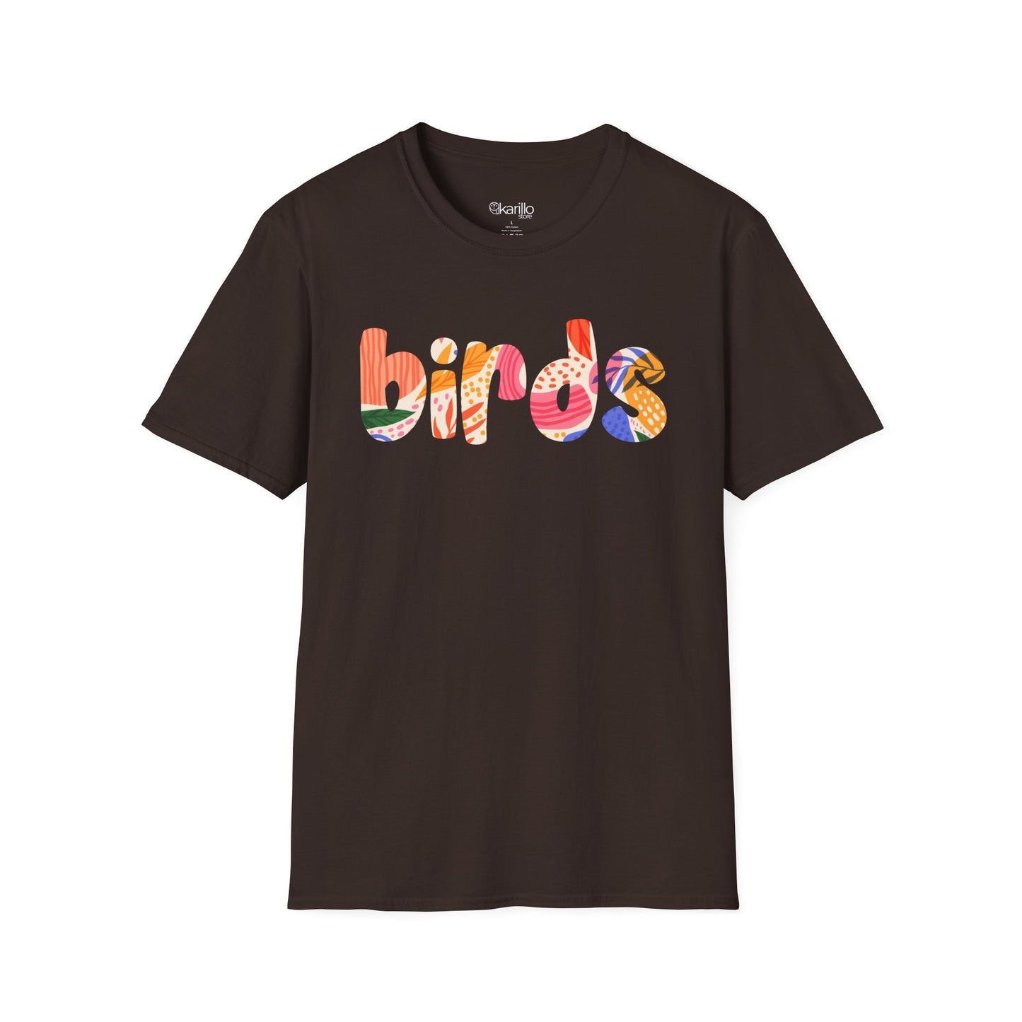 Brown t-shirt with colorful 'birds' text on a white background