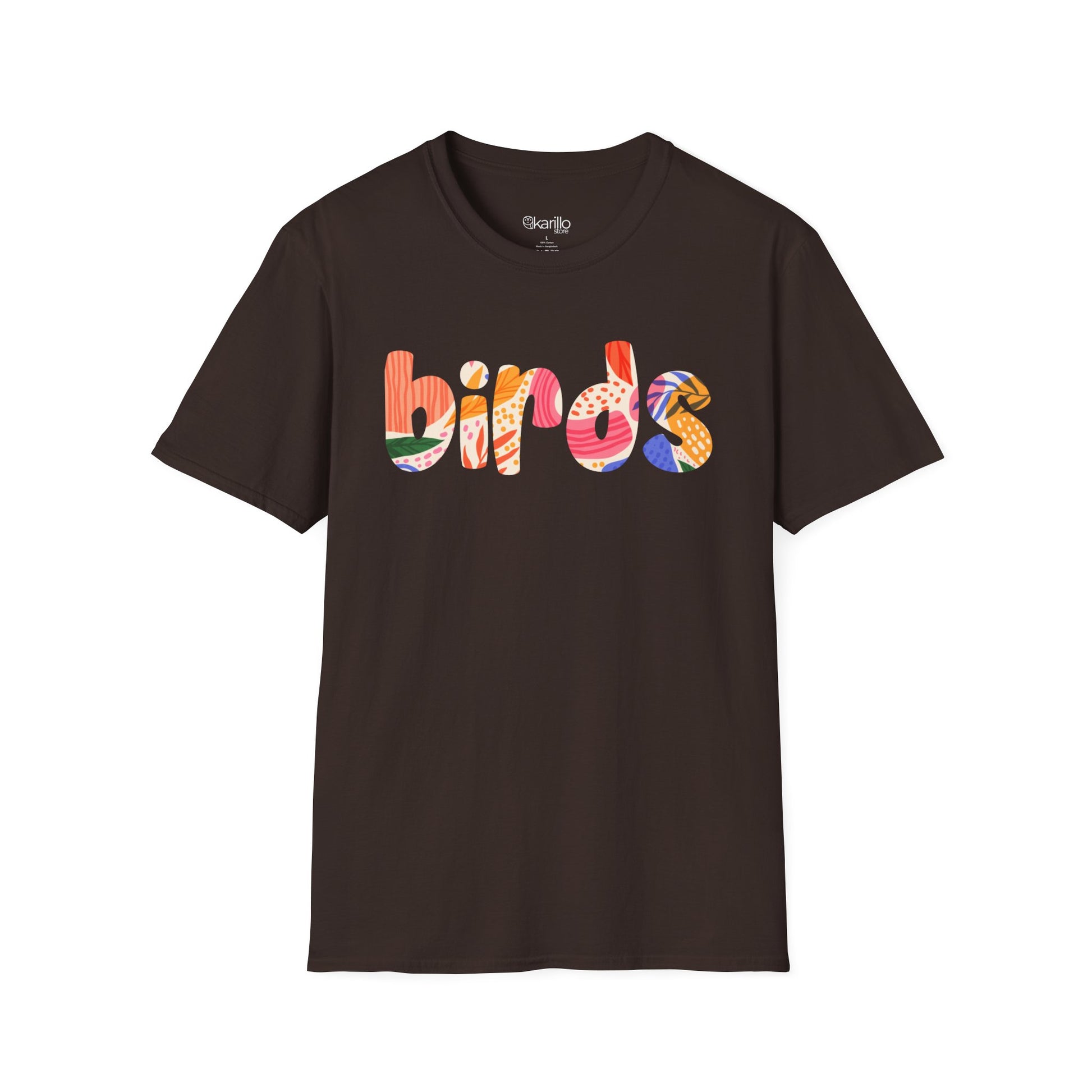Brown t-shirt with colorful 'birds' text on a white background