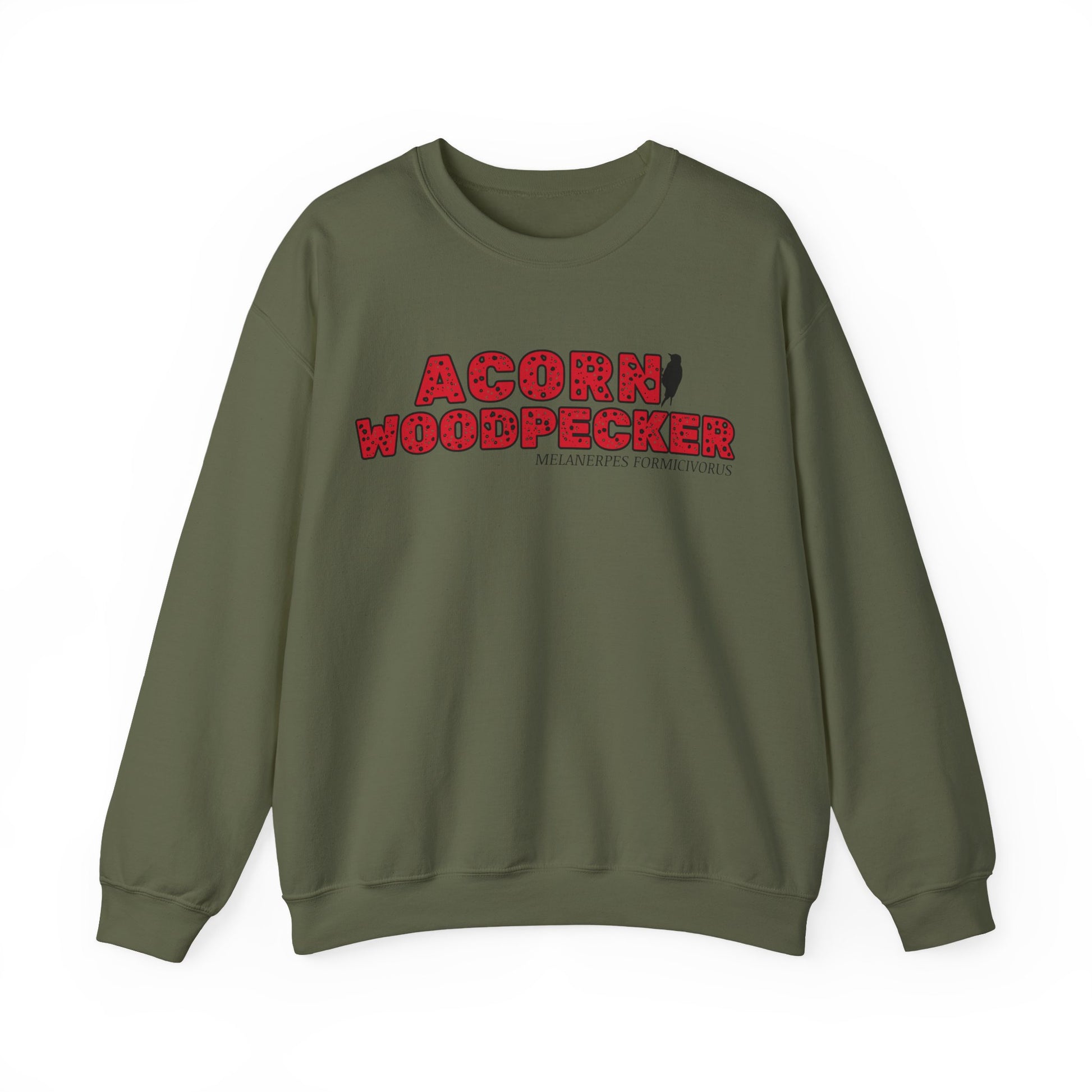 Military green sweatshirt with 'Acorn Woodpecker' text on a white background