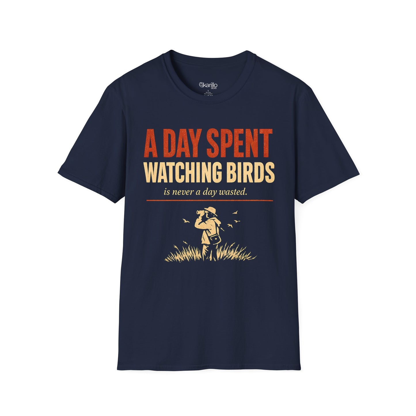 Navy blue color t-shirt with text "a day spent watching birds" and birdwatcher person graphic with white background.