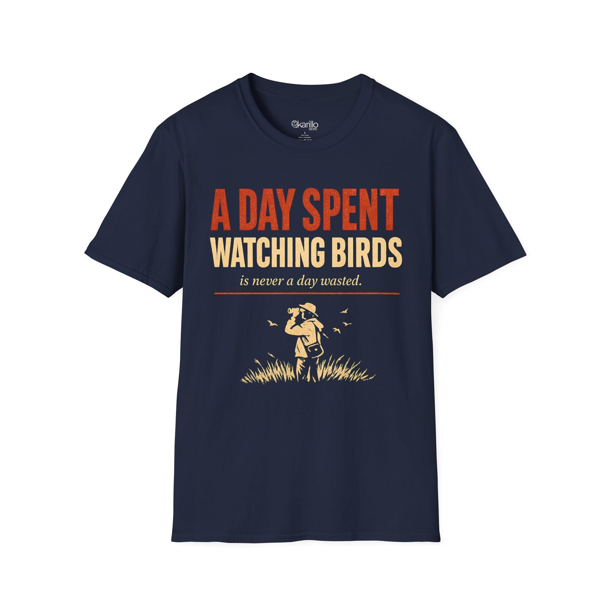 Navy blue color t-shirt with text "a day spent watching birds" and birdwatcher person graphic with white background.