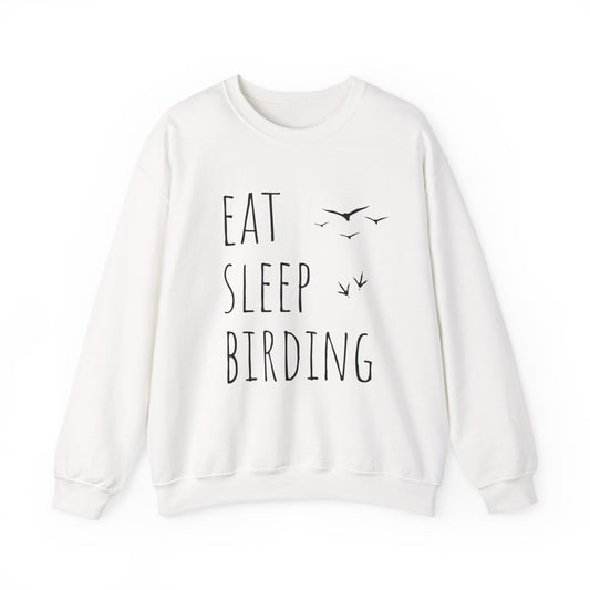 White sweatshirt with 'Eat Sleep Birding' text on a white background