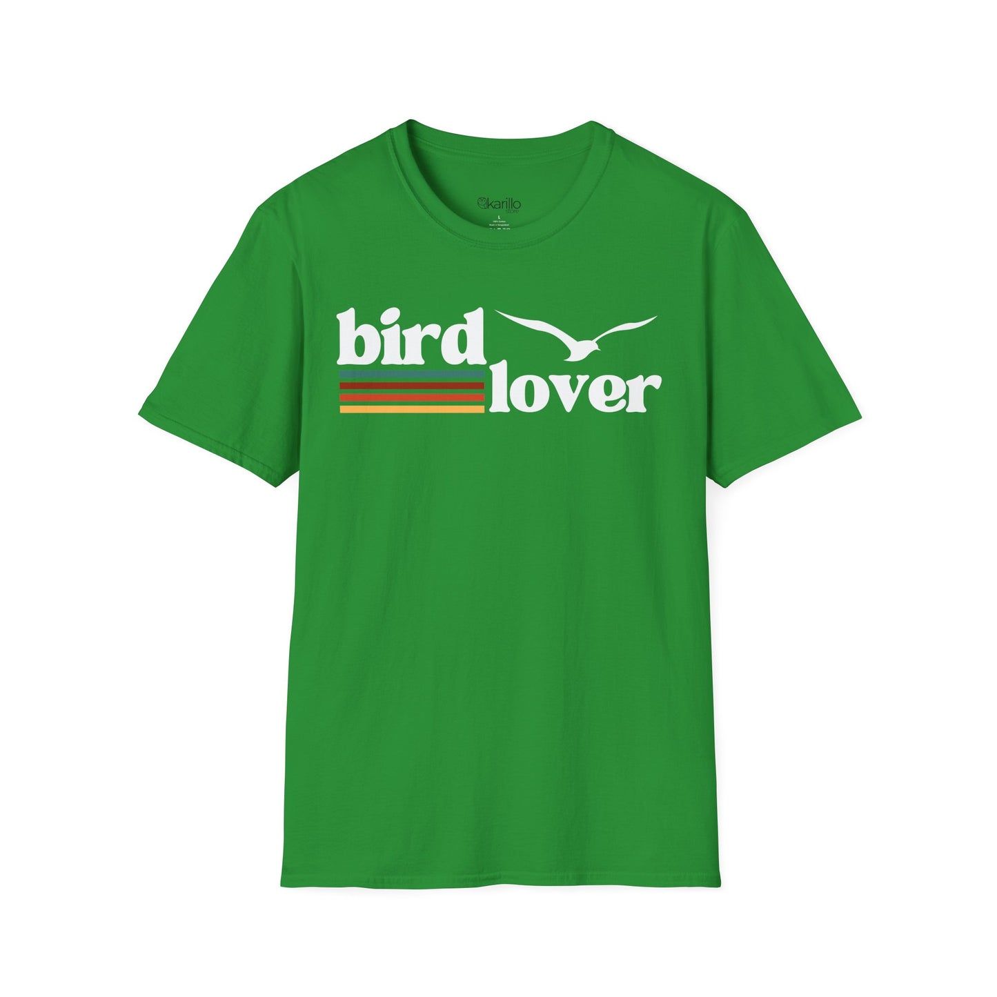 Front view of a Bird Lover graphic design on a green color t-shirt
