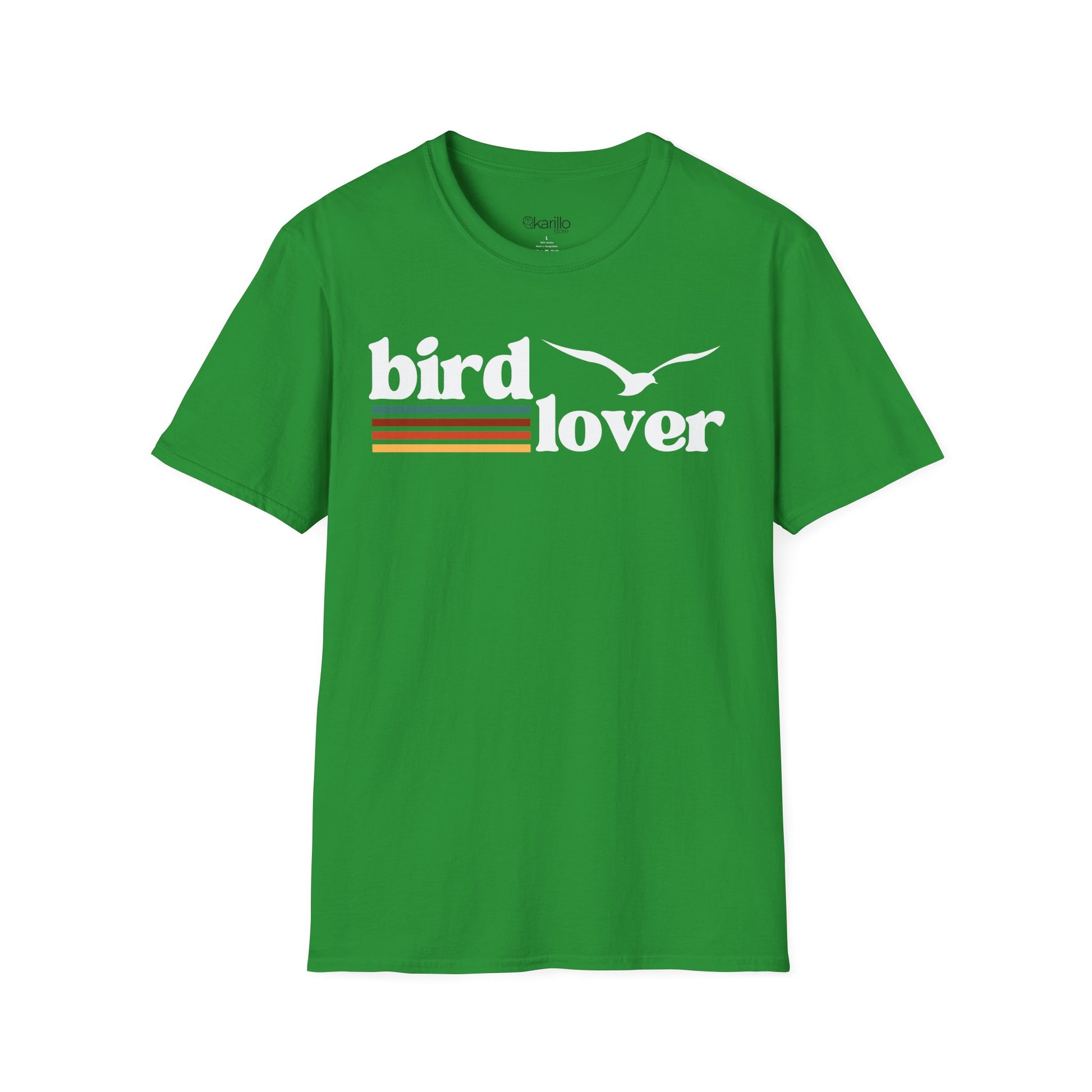 Front view of a Bird Lover graphic design on a green color t-shirt