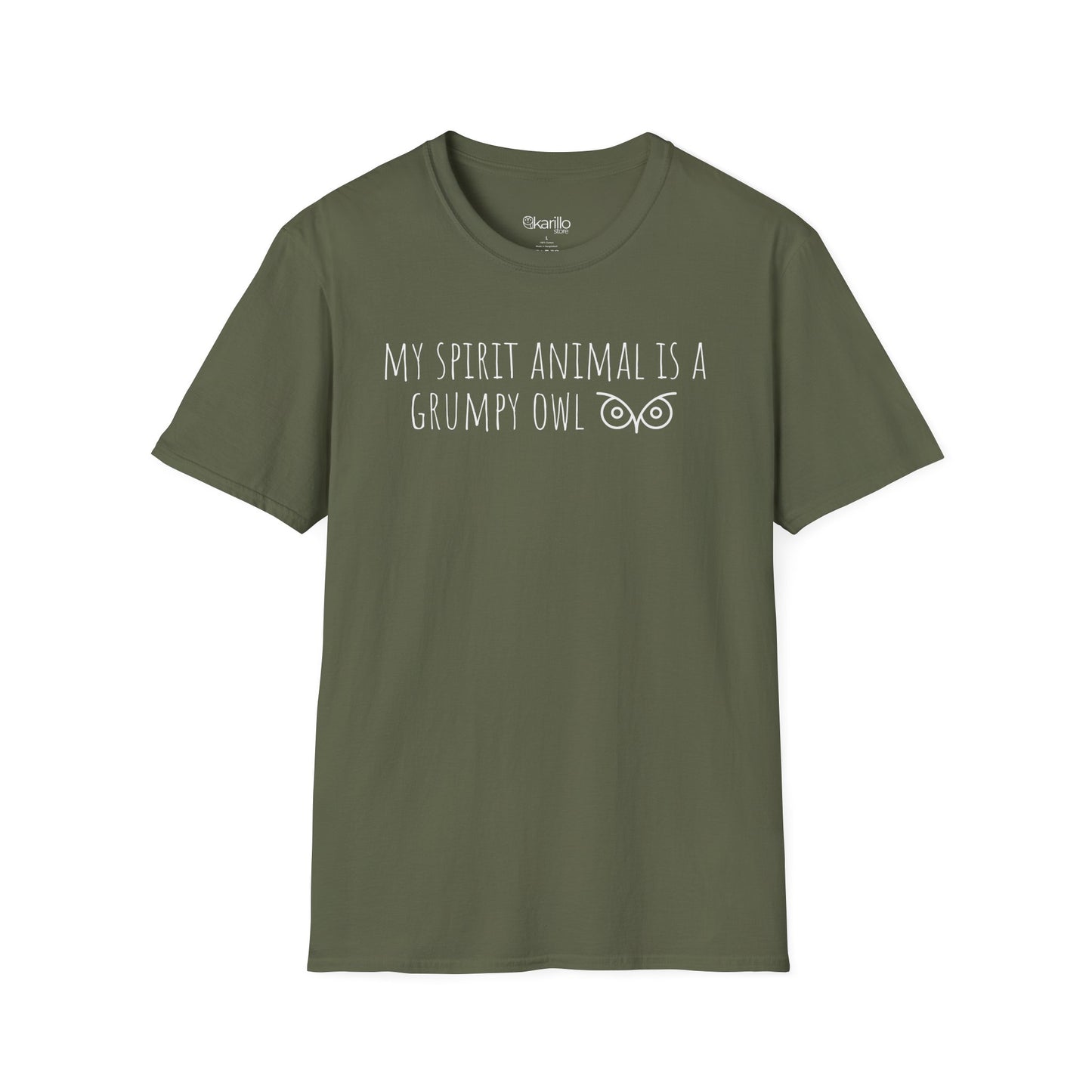 Front view of green t-shirt with text 'My spirit animal is a grumpy owl' on a white background