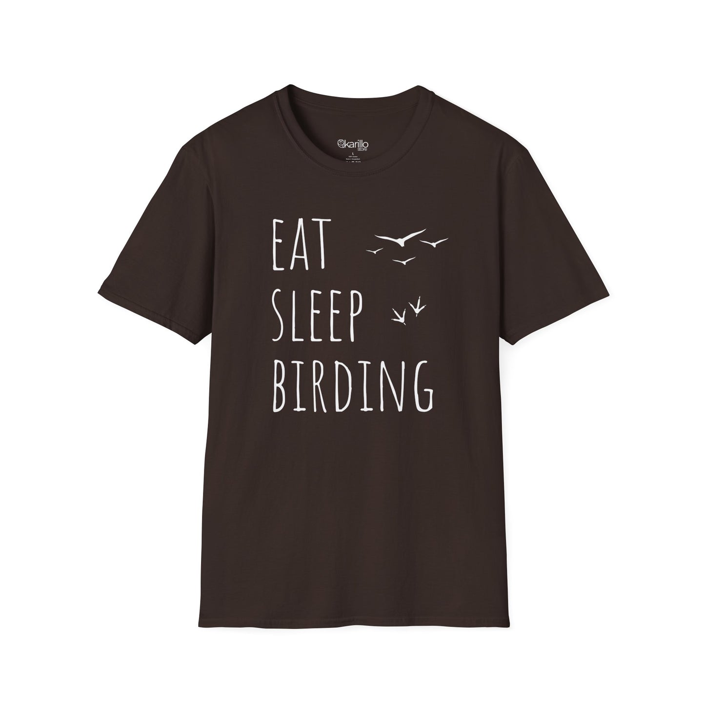 Brown t-shirt with 'Eat Sleep Birding' text and bird illustrations on a white background