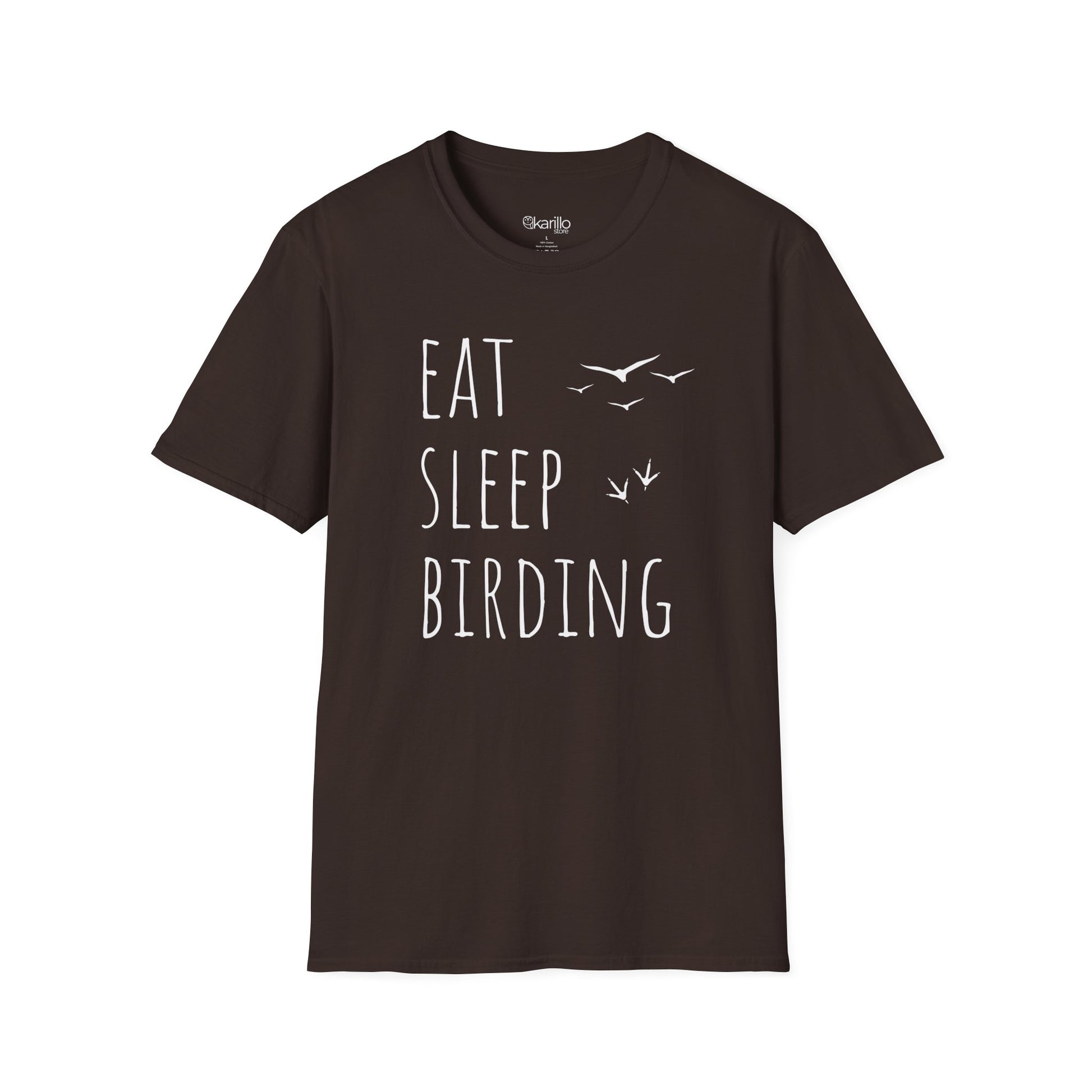 Brown t-shirt with 'Eat Sleep Birding' text and bird illustrations on a white background