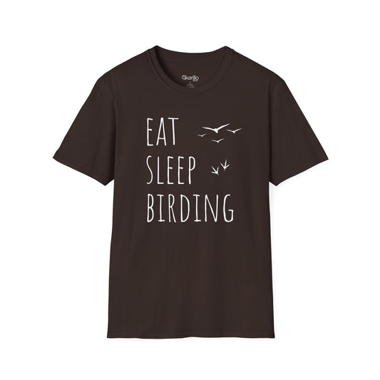 Brown t-shirt with 'Eat Sleep Birding' text and bird illustrations on a white background