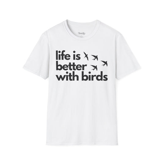 White t-shirt with 'life is better with birds' text  on a white background