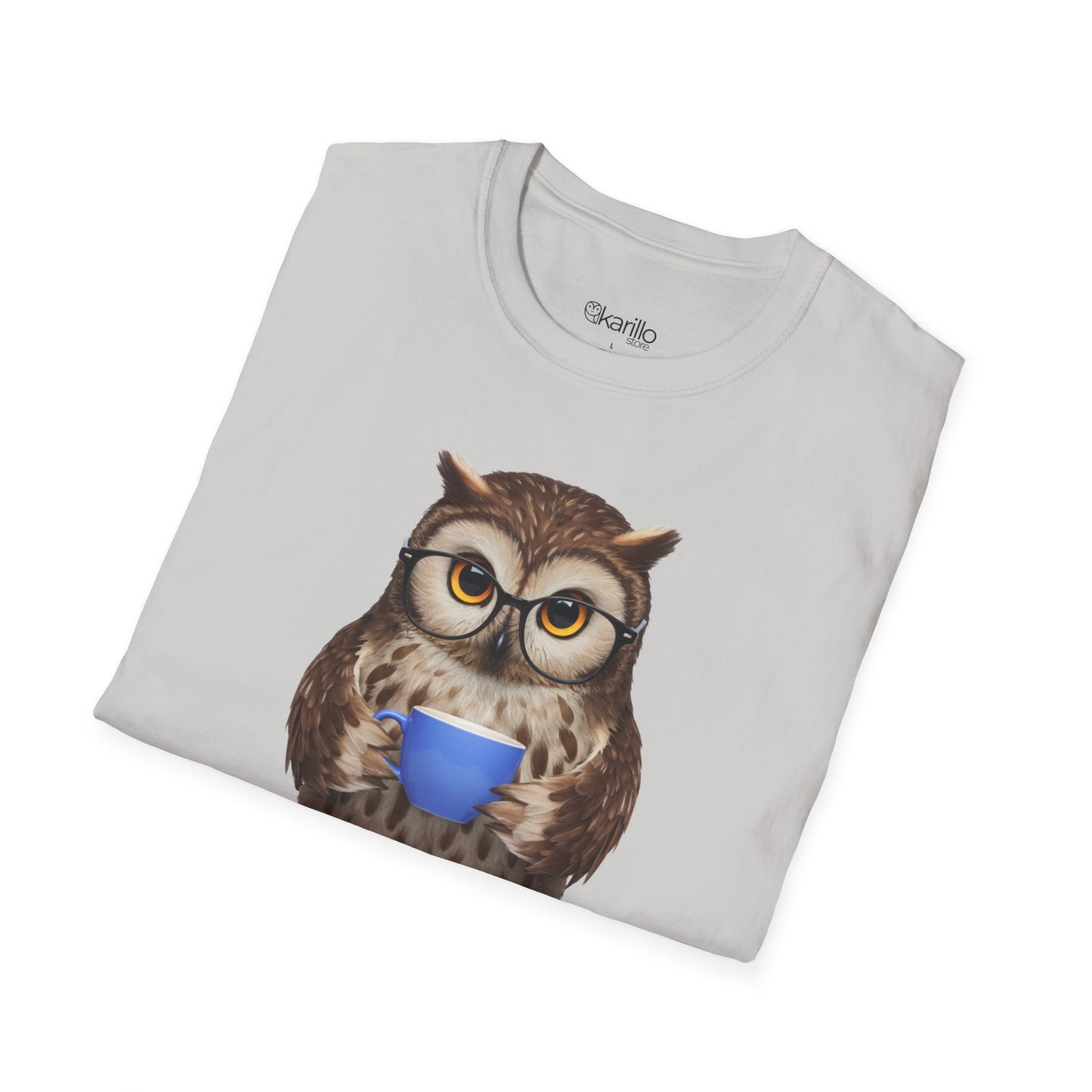 Folded light gray t-shirt with an owl holding a blue mug design on a white background